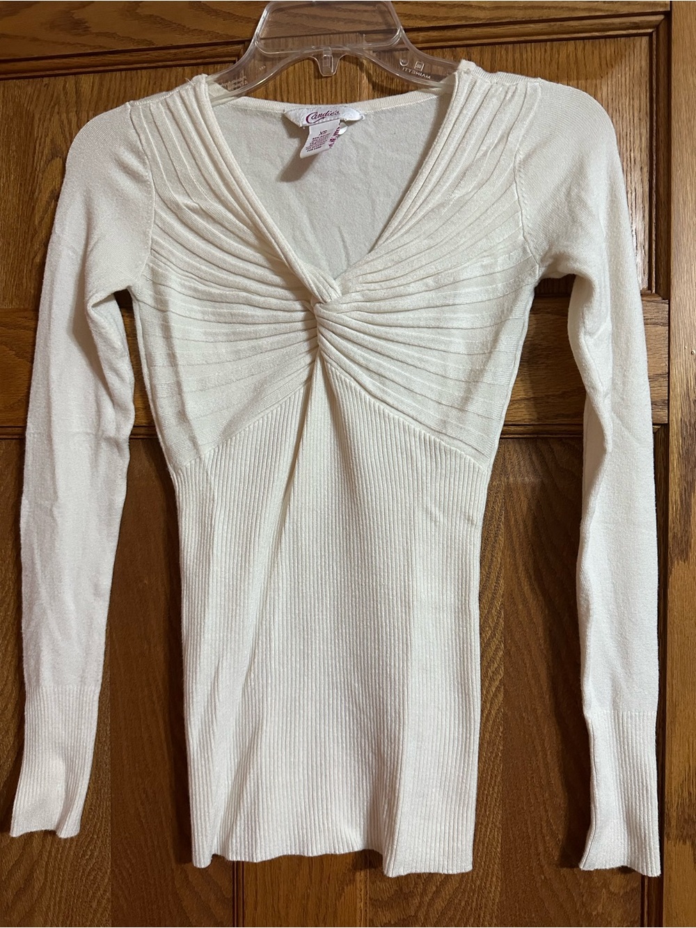 Candie's Ivory Twist-Front Ribbed Long-Sleeve Top
